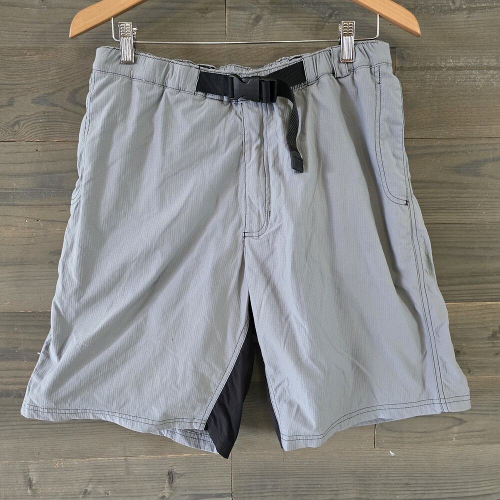 Vintage REI Mens Large Gray Grid Seersucker Nylon Paddle Board Shorts Belted L
